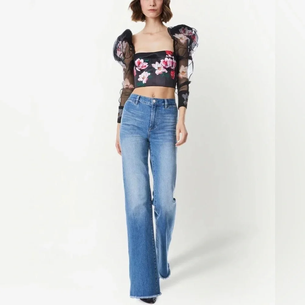 Alice + Olivia Floral Puff Sleeve Sheer Crop Top - Picture 9 of 11